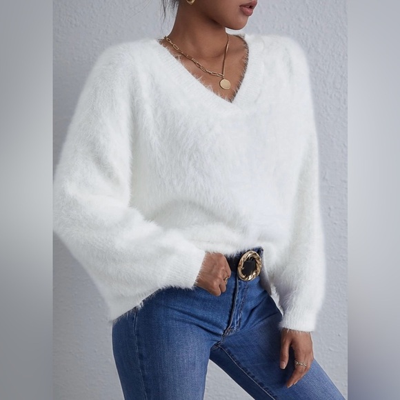 Love Stitch Fuzzy V-Neck Sweater With Cutout Neckline - Picture 12 of 12